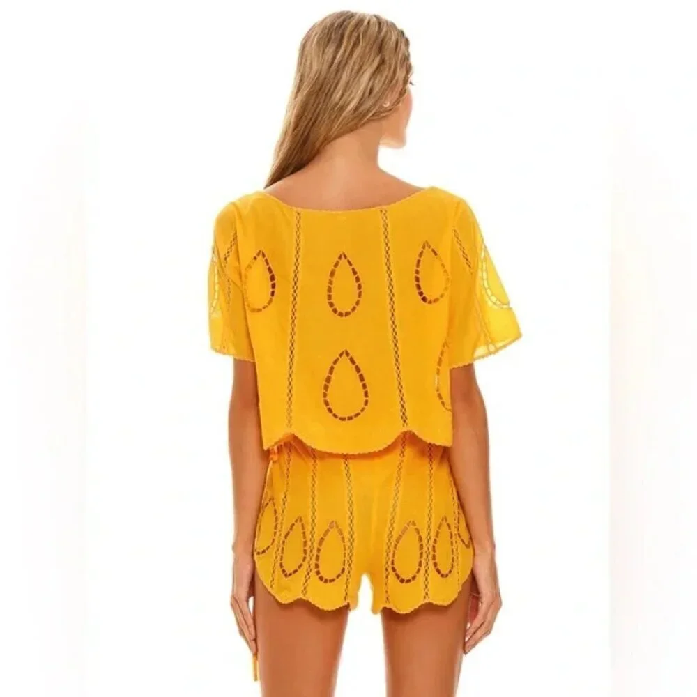 New Agua Bendita Bree Eames Embroidery Yellow Cover-Up Cut Shorts NWT